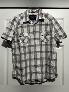 American Eagle Outfitters White Plaid Short-Sleeve Button-Up Shirt